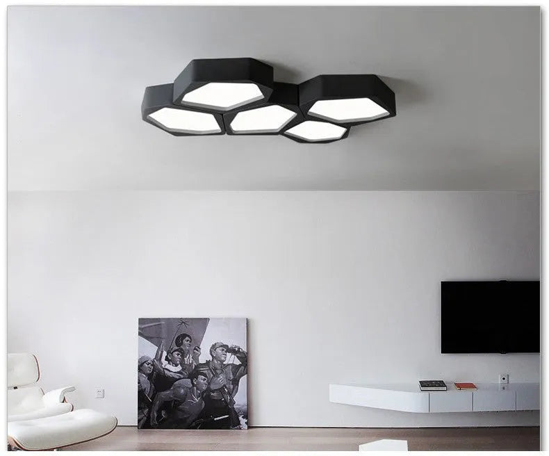 Geometric shaped iron frame LED wall light with remote control in black or white