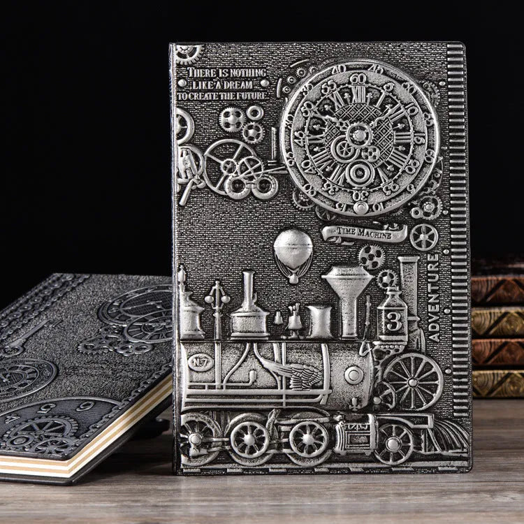 Leather notepad with retro embossed design in 21.5x14.5cm size showing bronze and silver colour options
