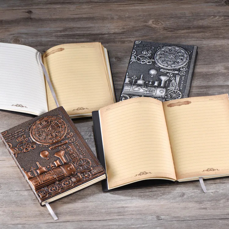Leather notepad with retro embossed design in 21.5x14.5cm size showing bronze and silver colour options