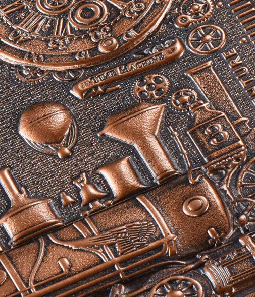 Leather notepad with retro embossed design in 21.5x14.5cm size showing bronze and silver colour options