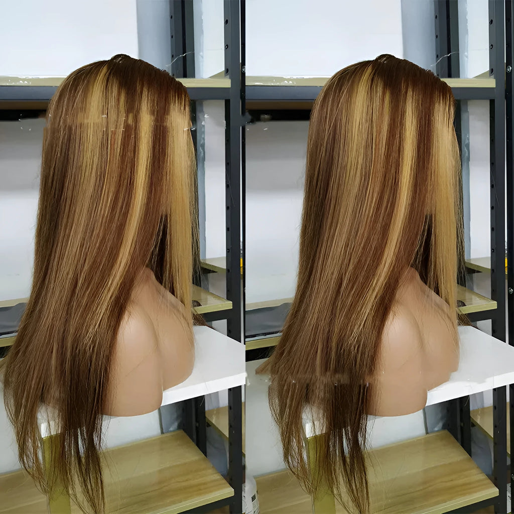 Piano colour P4.27 Brazilian real hair straight lace front wig with 4x4 or 4x6 closure, 10-30 inch long hair