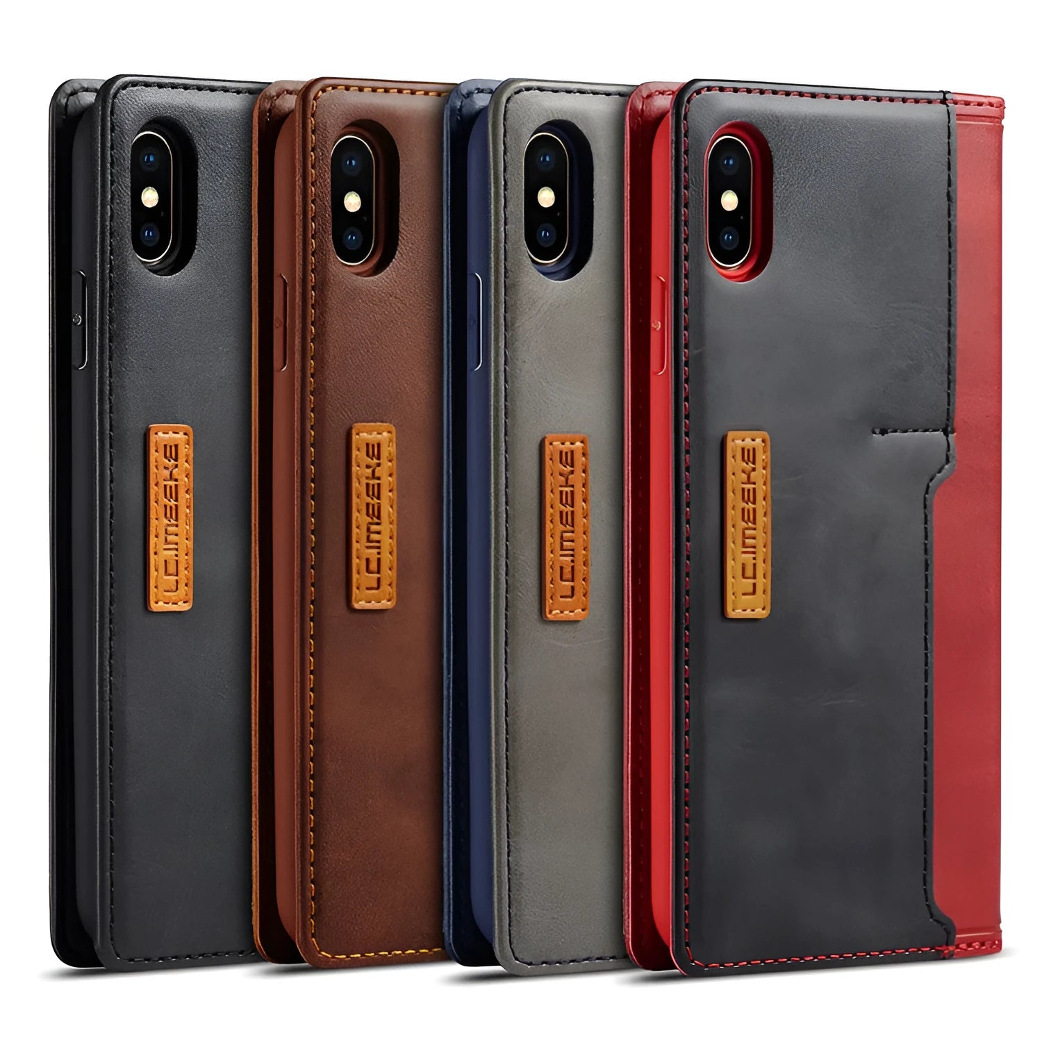 Retro brown leather flip wallet case for iPhone with card slots visible.