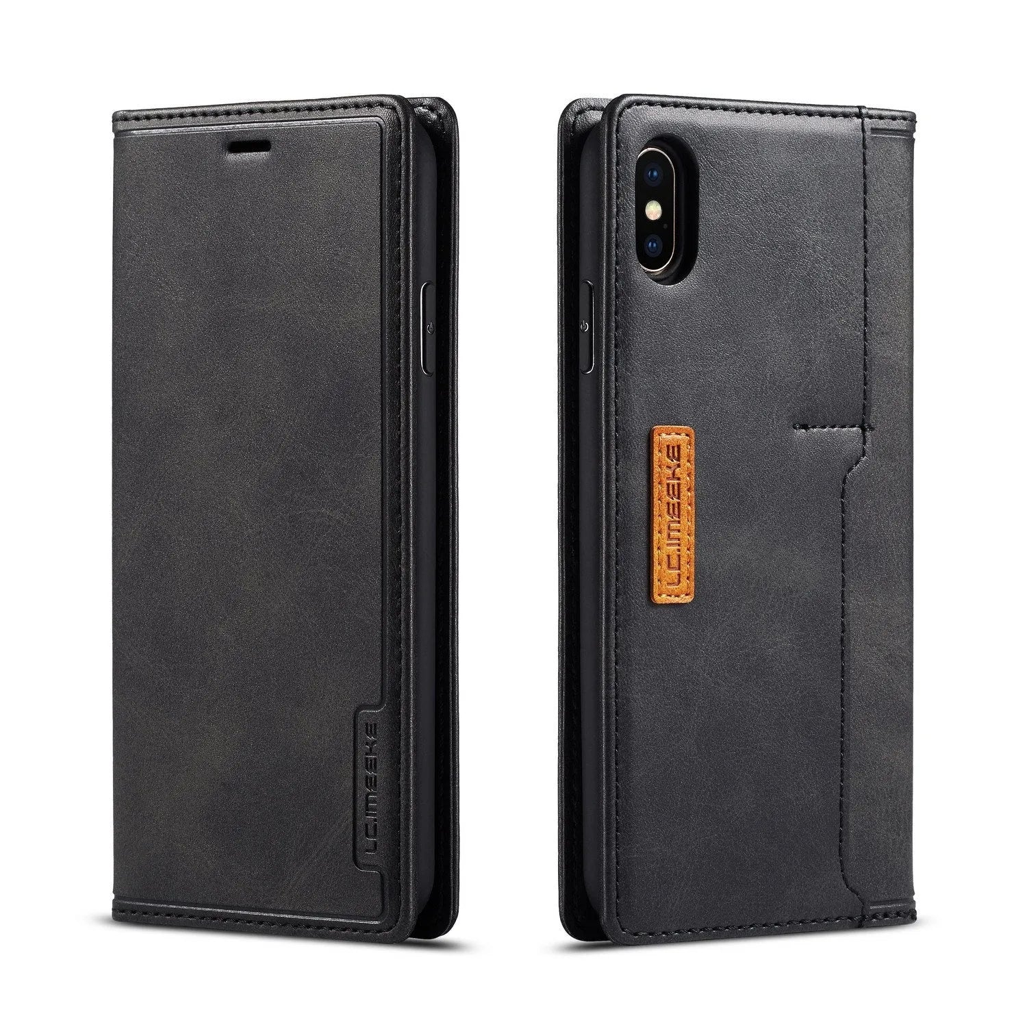 Retro brown leather flip wallet case for iPhone with card slots visible.