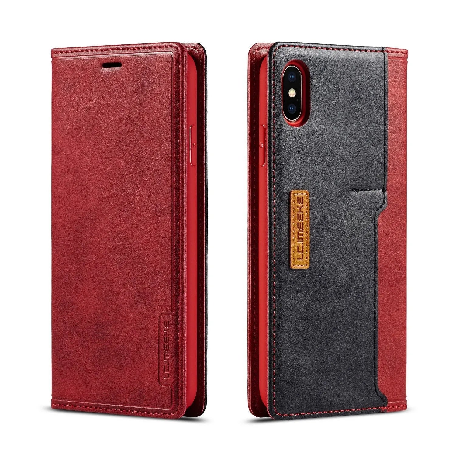 Retro brown leather flip wallet case for iPhone with card slots visible.