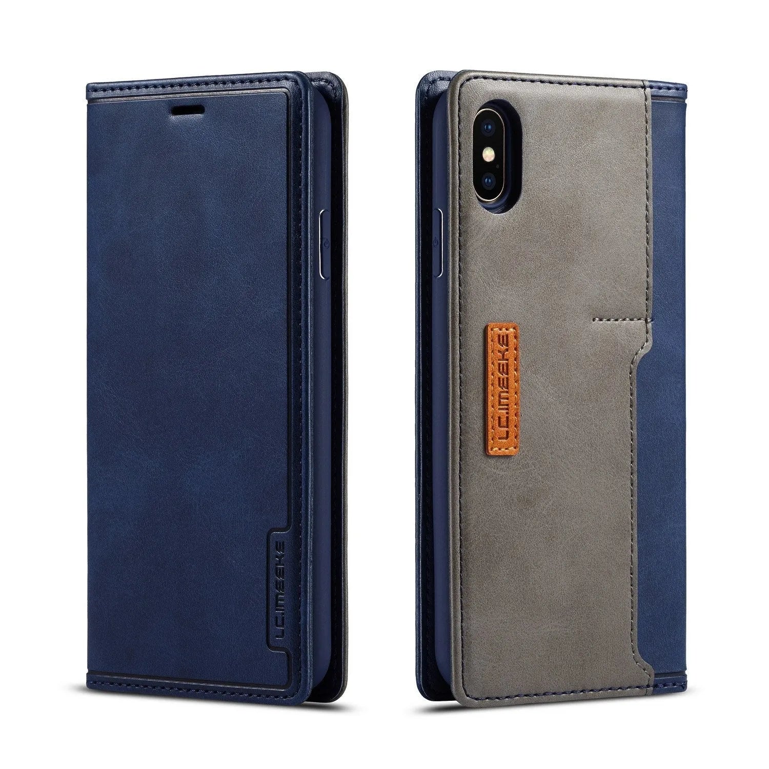 Retro brown leather flip wallet case for iPhone with card slots visible.