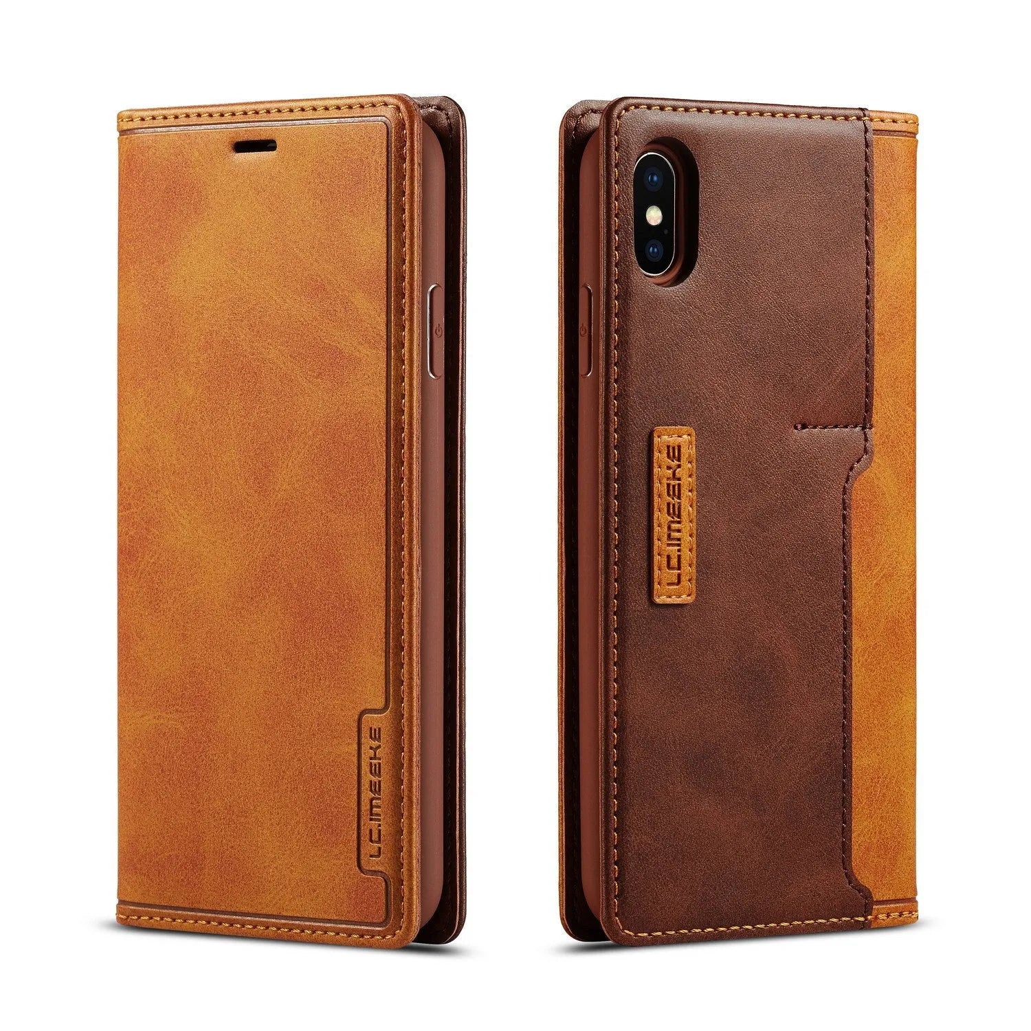 Retro brown leather flip wallet case for iPhone with card slots visible.