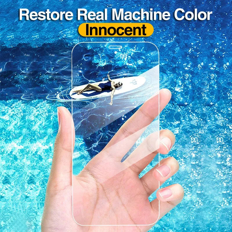 Four transparent tempered glass iPhone screen protectors with anti-blue light feature on packaging