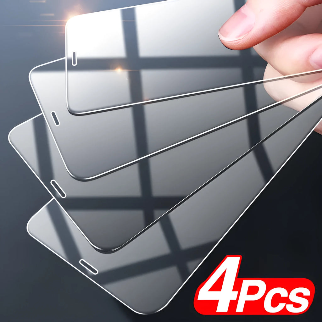 Four transparent tempered glass iPhone screen protectors with anti-blue light feature on packaging