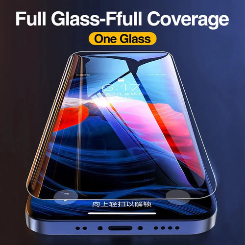 Four transparent tempered glass iPhone screen protectors with anti-blue light feature on packaging