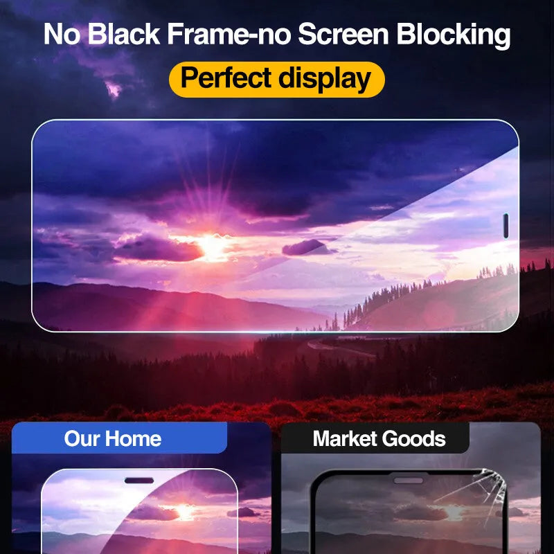 Four transparent tempered glass iPhone screen protectors with anti-blue light feature on packaging