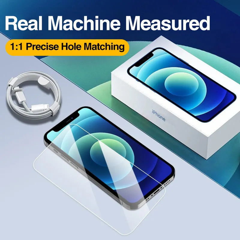 Four transparent tempered glass iPhone screen protectors with anti-blue light feature on packaging