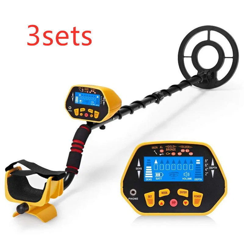 Black and yellow GC1028 professional metal detector with LCD display and waterproof search coil.
