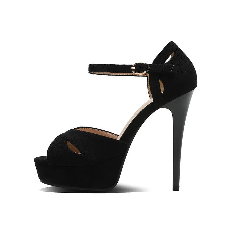 Black women's stiletto sandals with fish mouth toe and waterproof platform.
