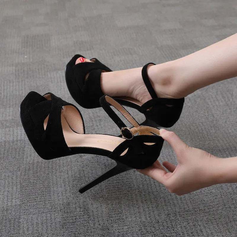 Black women's stiletto sandals with fish mouth toe and waterproof platform.