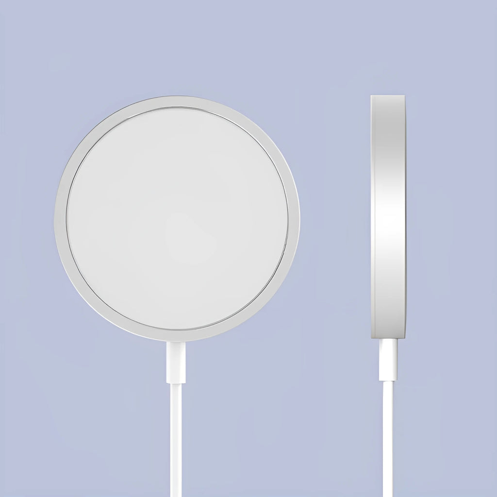 Magsafe compatible magnetic wireless charger for iPhone in silver metal finish