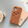 Brown and white embroidery plush cartoon bear design on a soft TPU iPhone phone case.