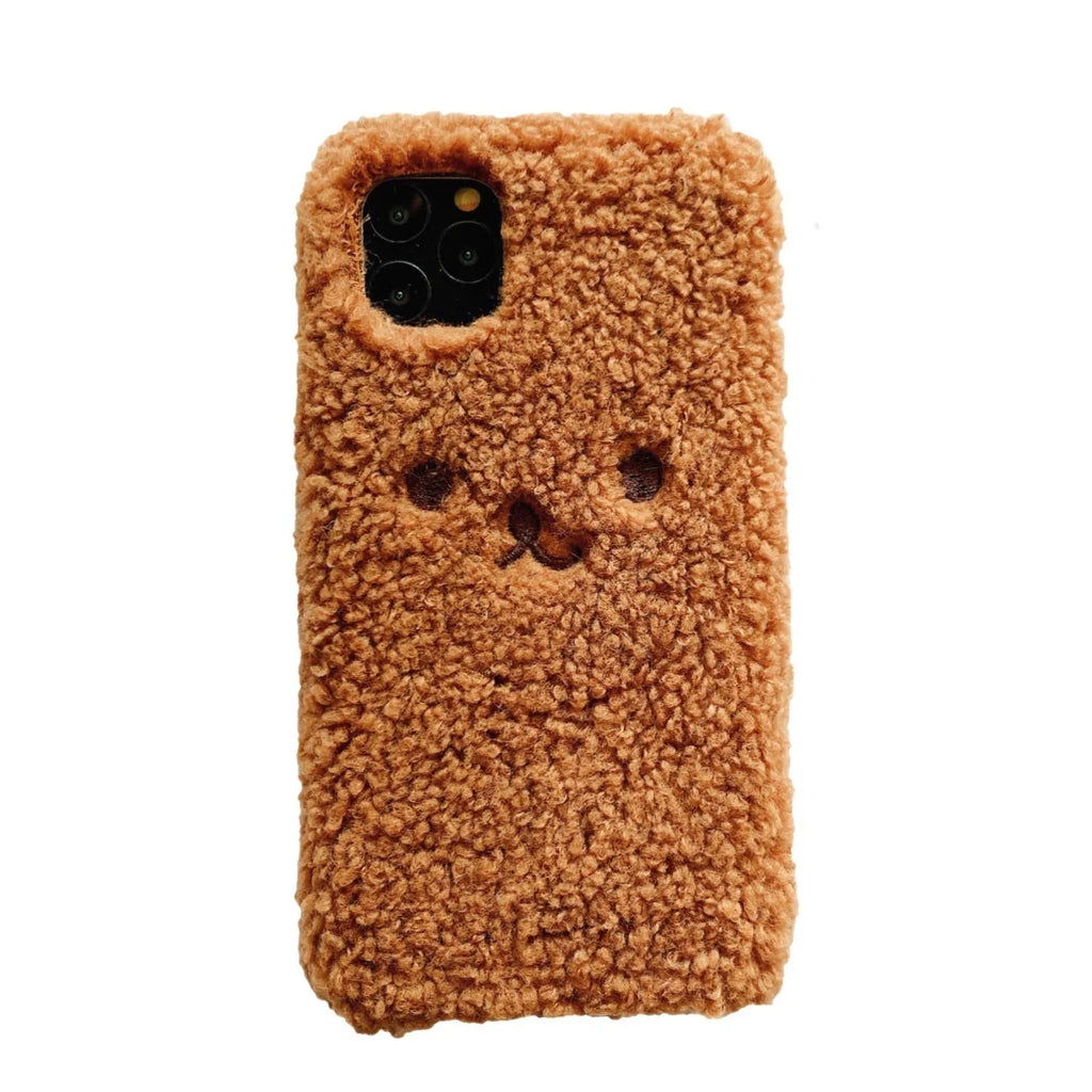 Brown and white embroidery plush cartoon bear design on a soft TPU iPhone phone case.