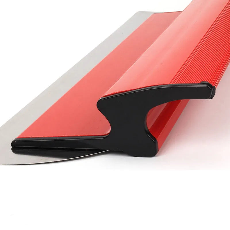 Red leveling scraper with a 40cm stainless steel blade for putty and wallpaper work