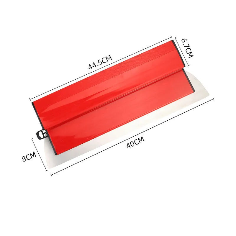 Red leveling scraper with a 40cm stainless steel blade for putty and wallpaper work
