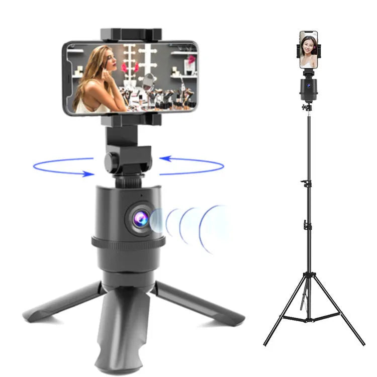 360-degree AI face tracking pan tilt bracket holding a smartphone for hands-free filming.