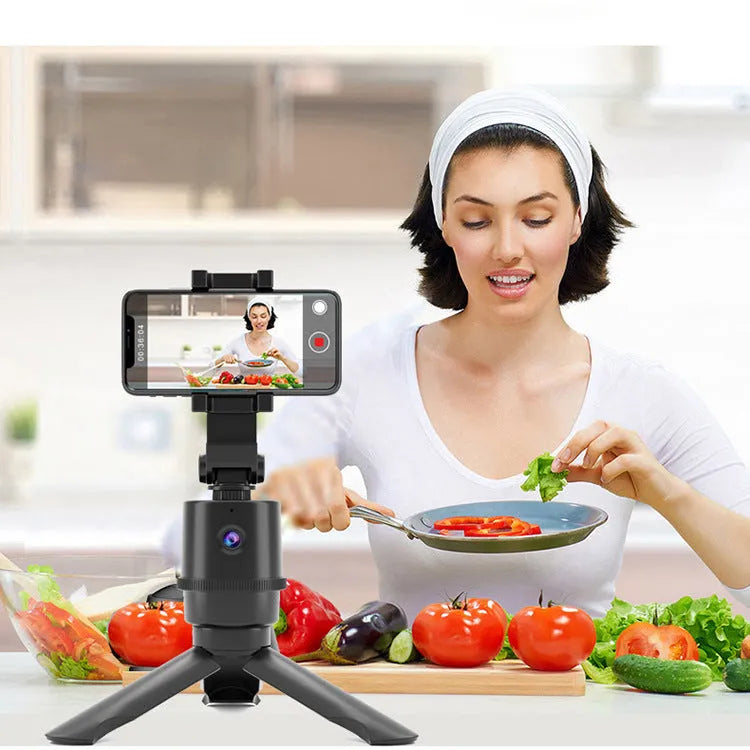 360-degree AI face tracking pan tilt bracket holding a smartphone for hands-free filming.