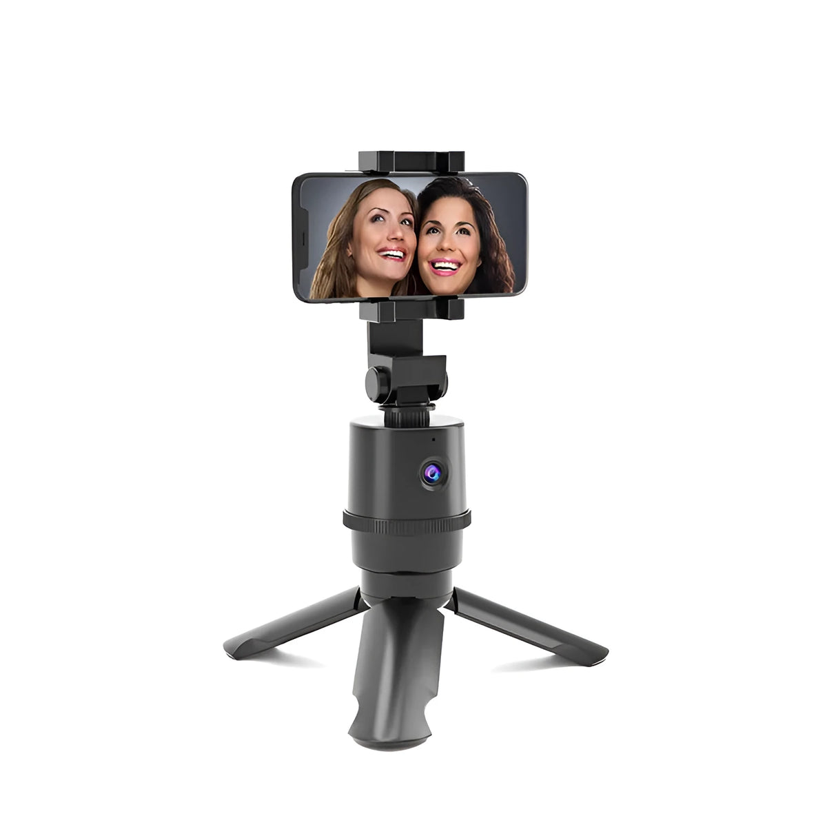 360-degree AI face tracking pan tilt bracket holding a smartphone for hands-free filming.