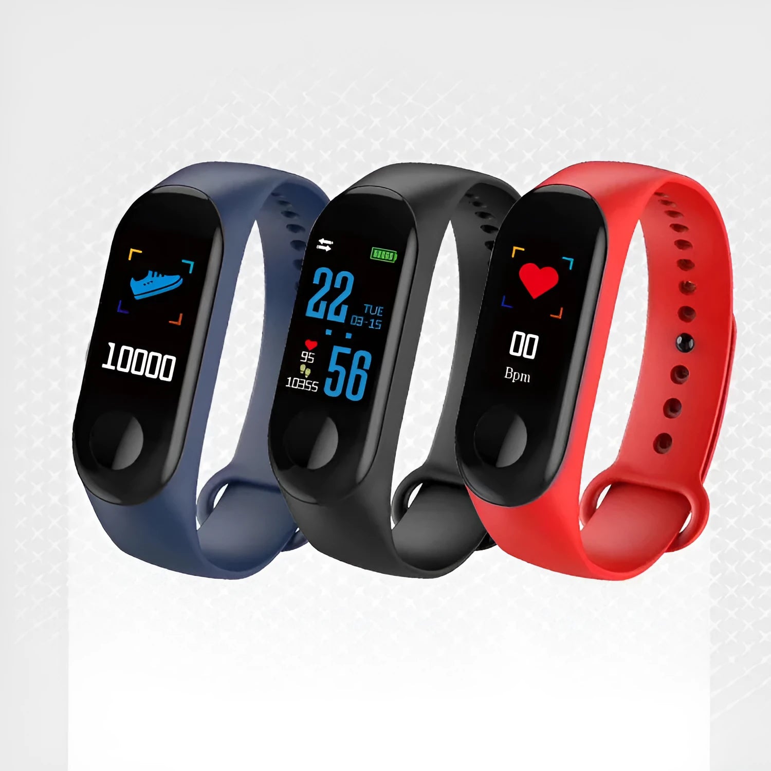 M3 smart fitness bracelet with colour screen showing heart rate display on black TPE strap
