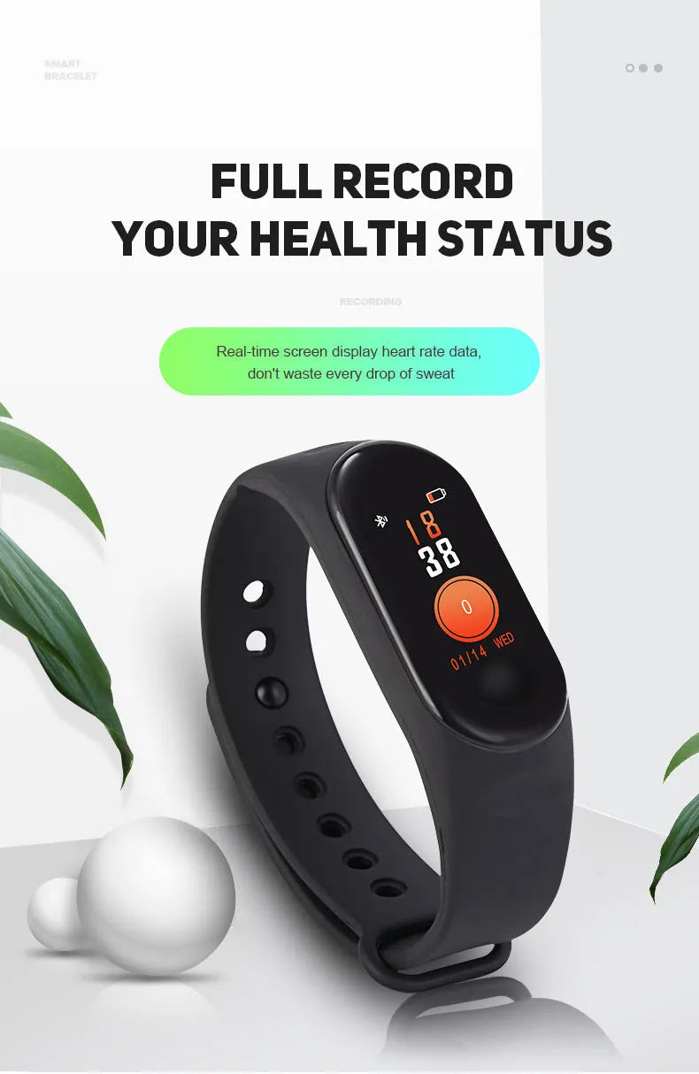 M3 smart fitness bracelet with colour screen showing heart rate display on black TPE strap