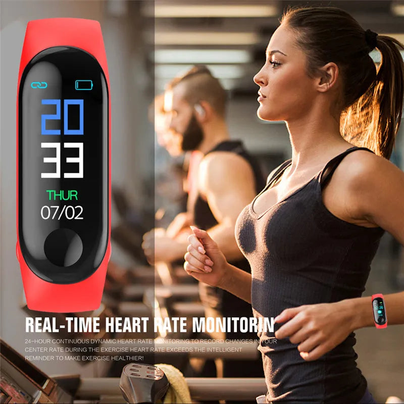 M3 smart fitness bracelet with colour screen showing heart rate display on black TPE strap