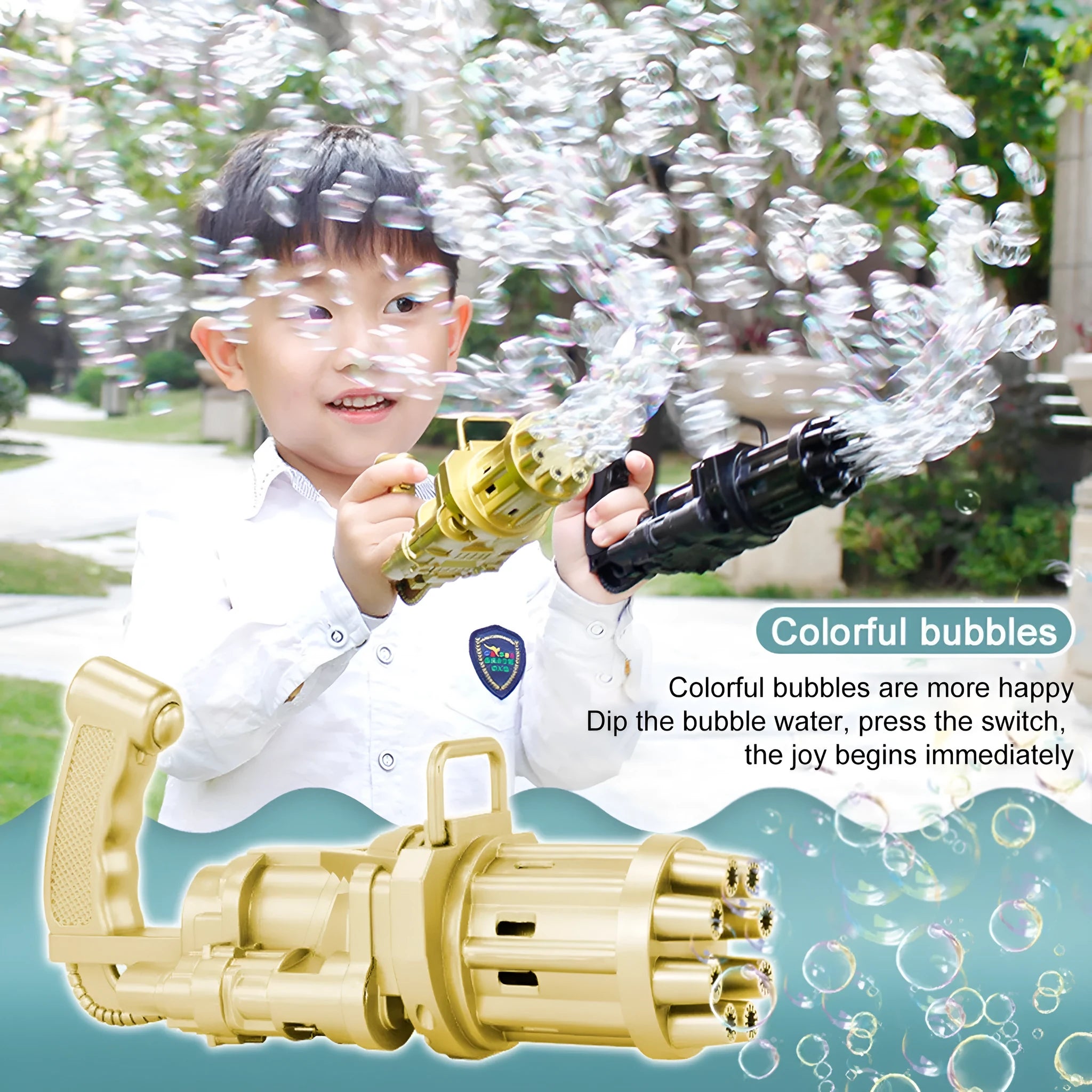 Plastic kids bubble gun toy in pink gold black or blue acting as a 2-in-1 blower and fan