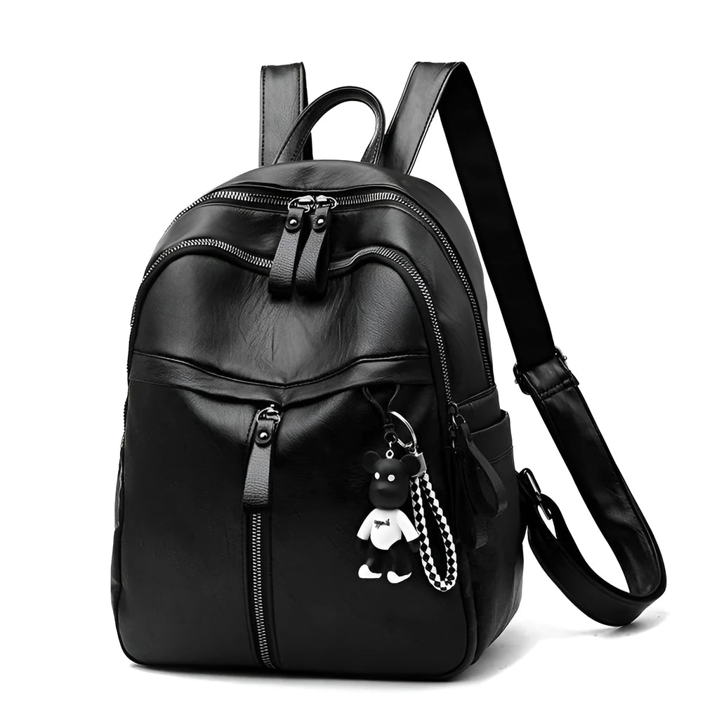 Black soft surface PU leather travel backpack with double straps and luggage strap attachment