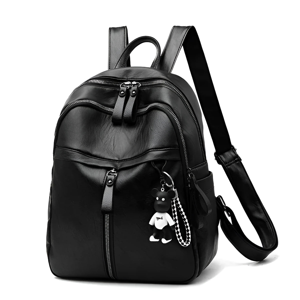 Black soft surface PU leather travel backpack with double straps and luggage strap attachment