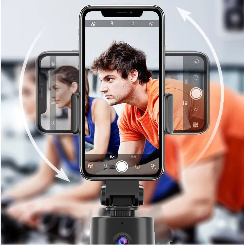 360-degree AI face tracking pan tilt bracket holding a smartphone for hands-free filming.