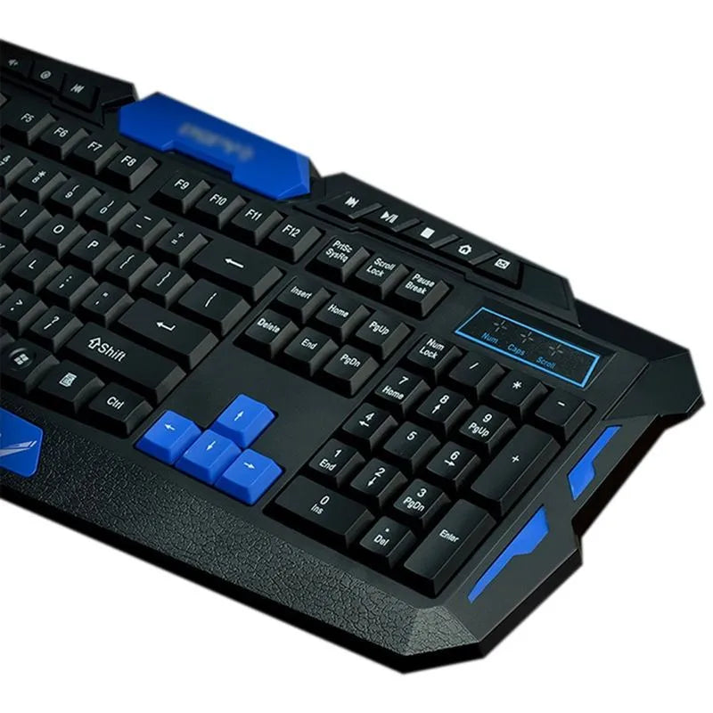 Black and blue wireless keyboard and mouse set showing 48cm keyboard with low-profile keys and gaming mouse with three buttons