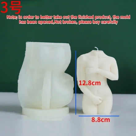 Flexible silicone candle mould in a detailed shy female body shape on a white background.