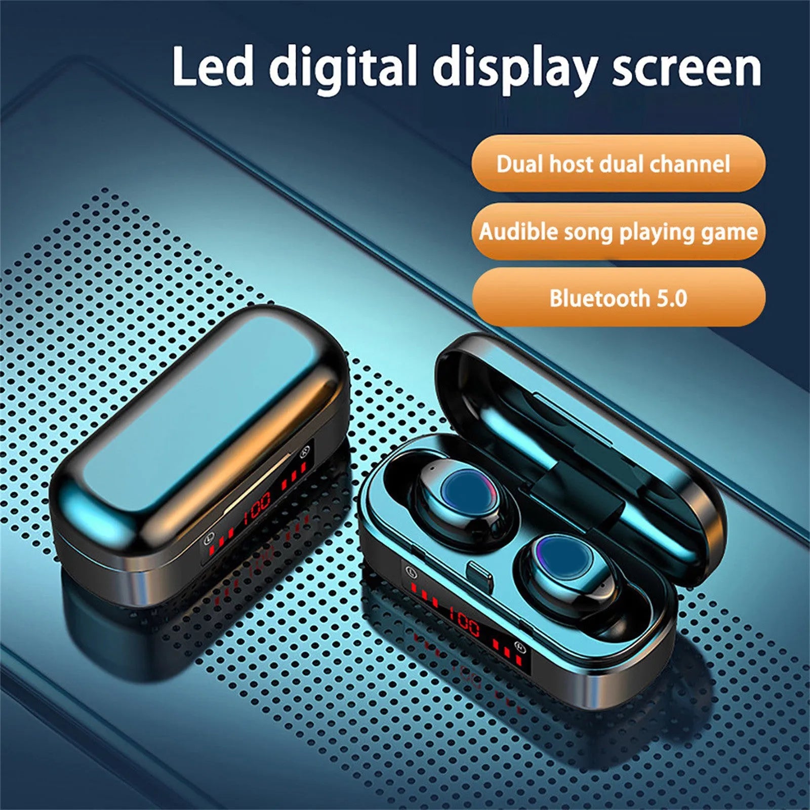 V7 LED Bluetooth 5.0 TWS wireless earbuds with charging case and three ear cap sizes
