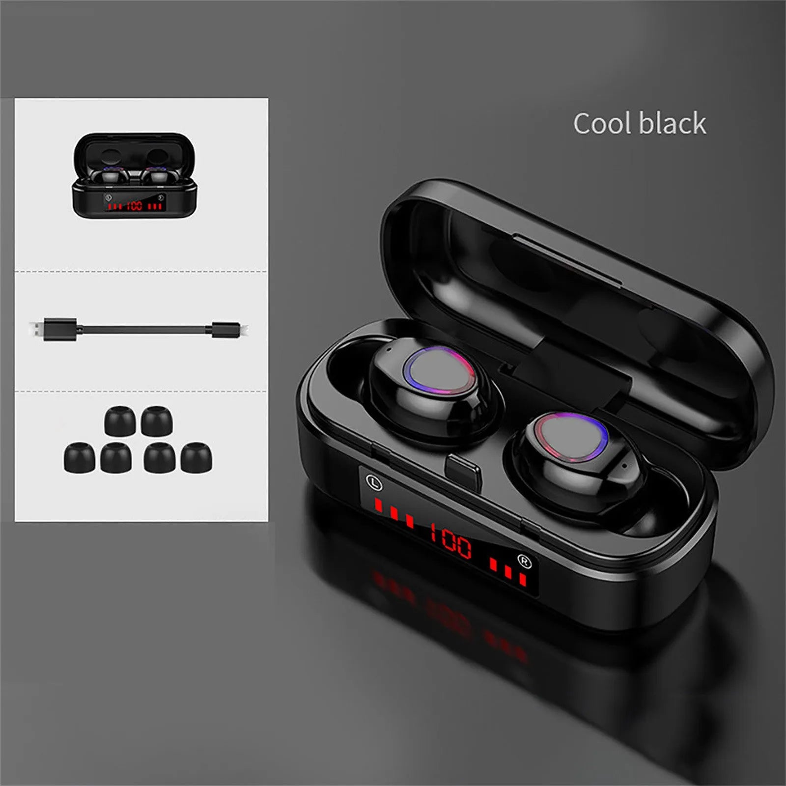 V7 LED Bluetooth 5.0 TWS wireless earbuds with charging case and three ear cap sizes