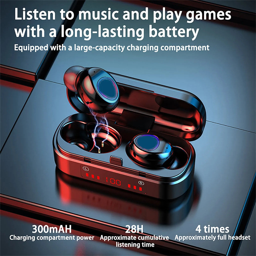 V7 LED Bluetooth 5.0 TWS wireless earbuds with charging case and three ear cap sizes