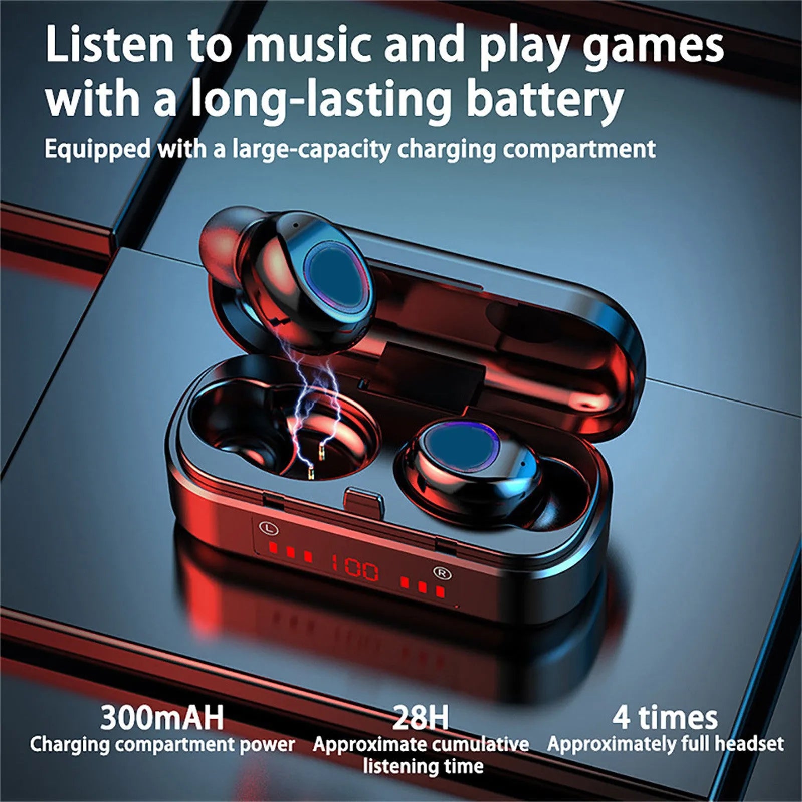 V7 LED Bluetooth 5.0 TWS wireless earbuds with charging case and three ear cap sizes