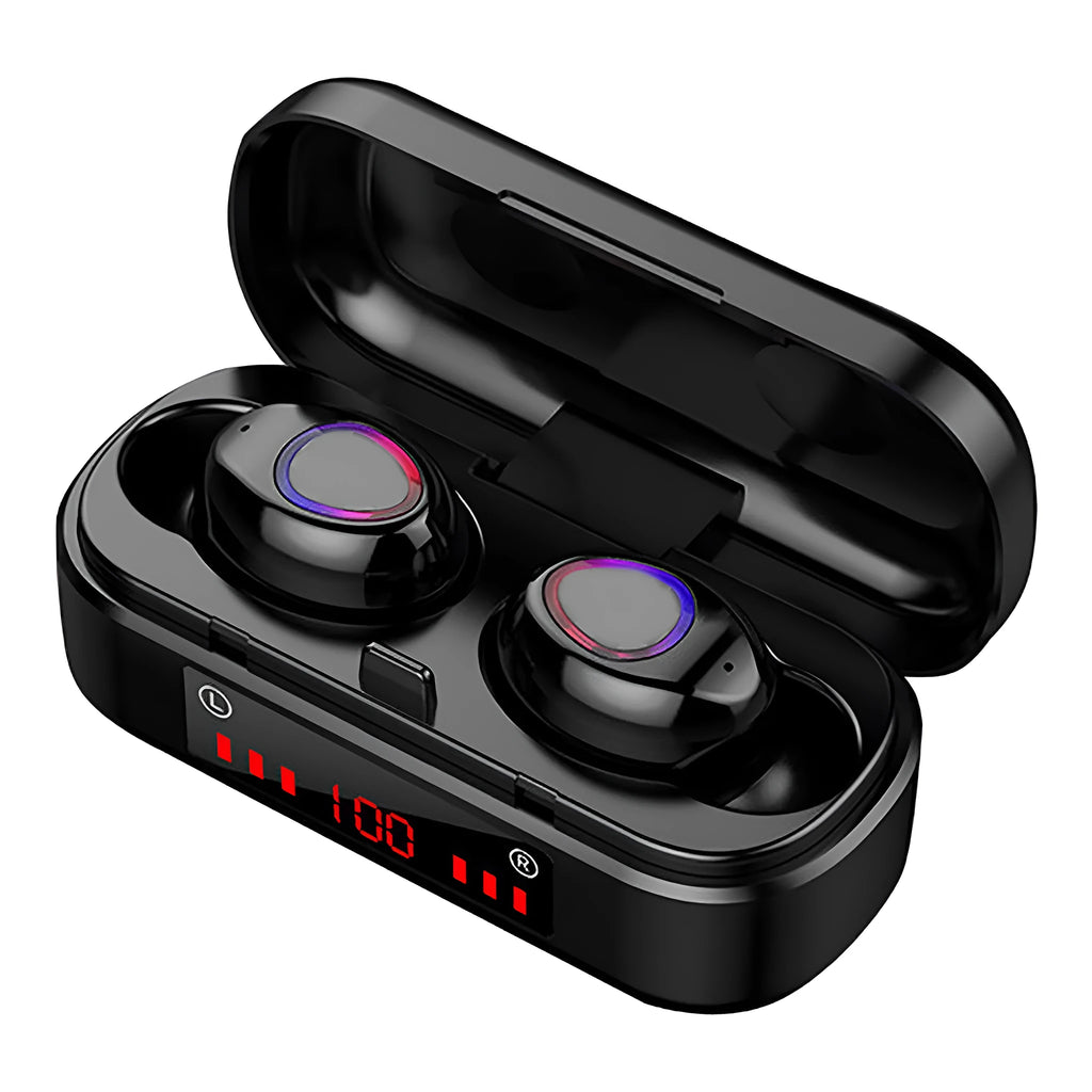 V7 LED Bluetooth 5.0 TWS wireless earbuds with charging case and three ear cap sizes