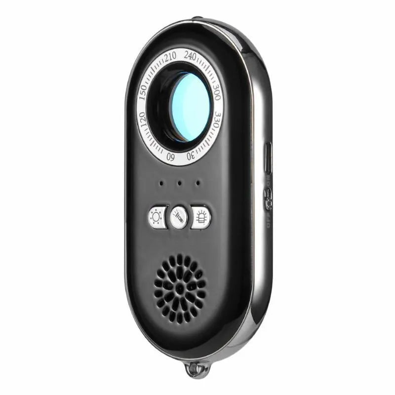 Compact black wireless signal detector with vibration alarm for anti-theft travel security.
