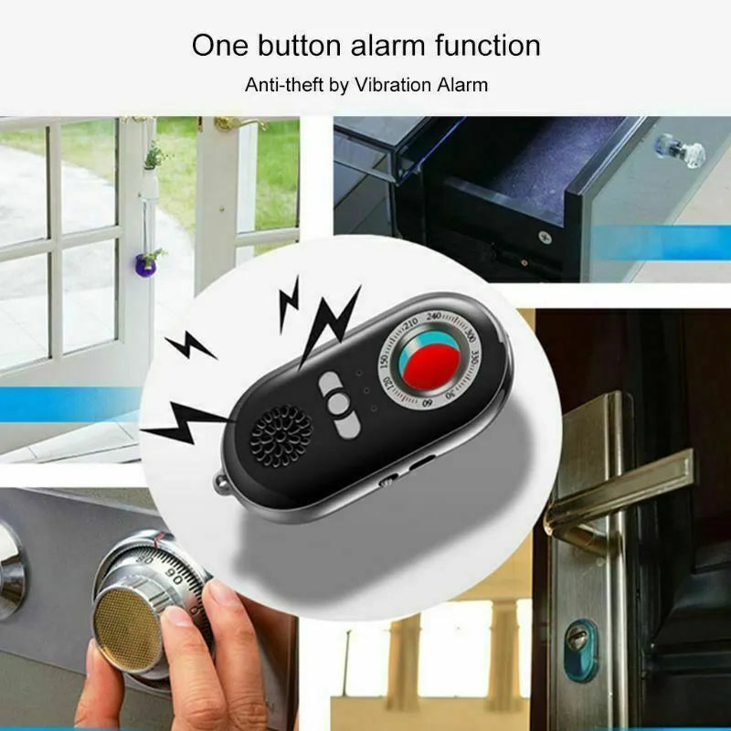 Compact black wireless signal detector with vibration alarm for anti-theft travel security.