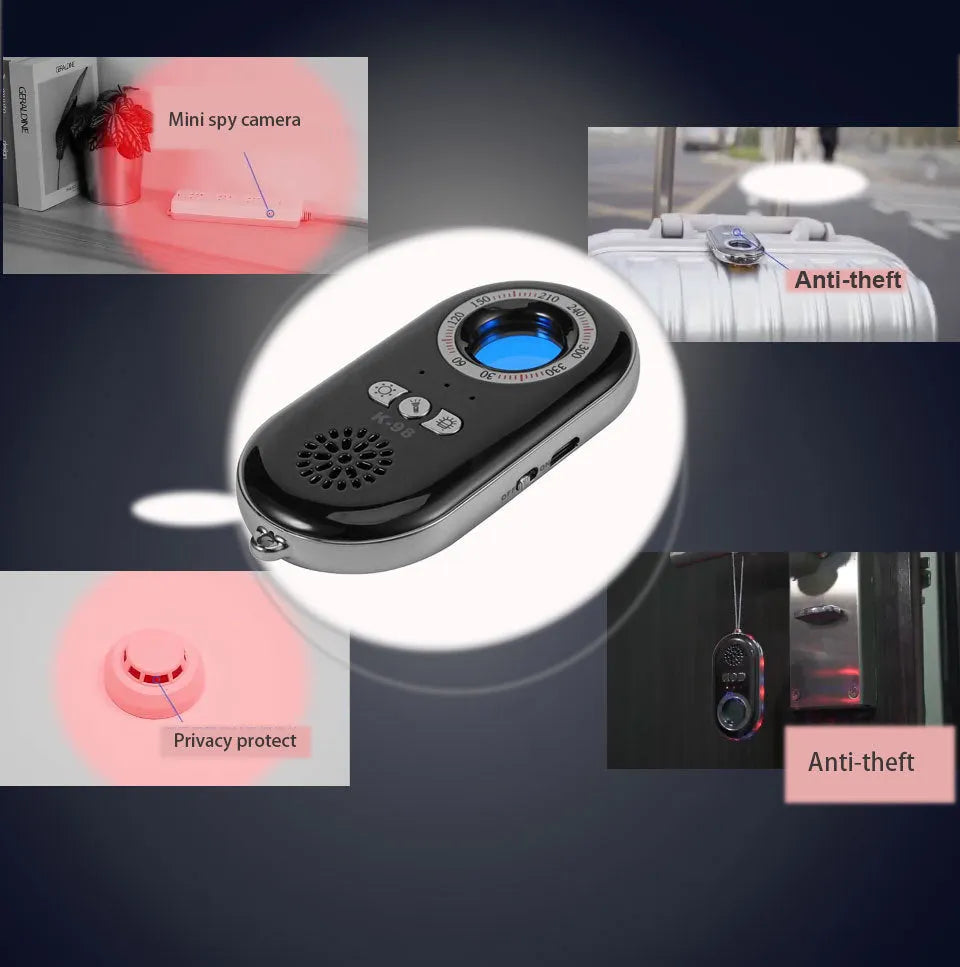 Compact black wireless signal detector with vibration alarm for anti-theft travel security.