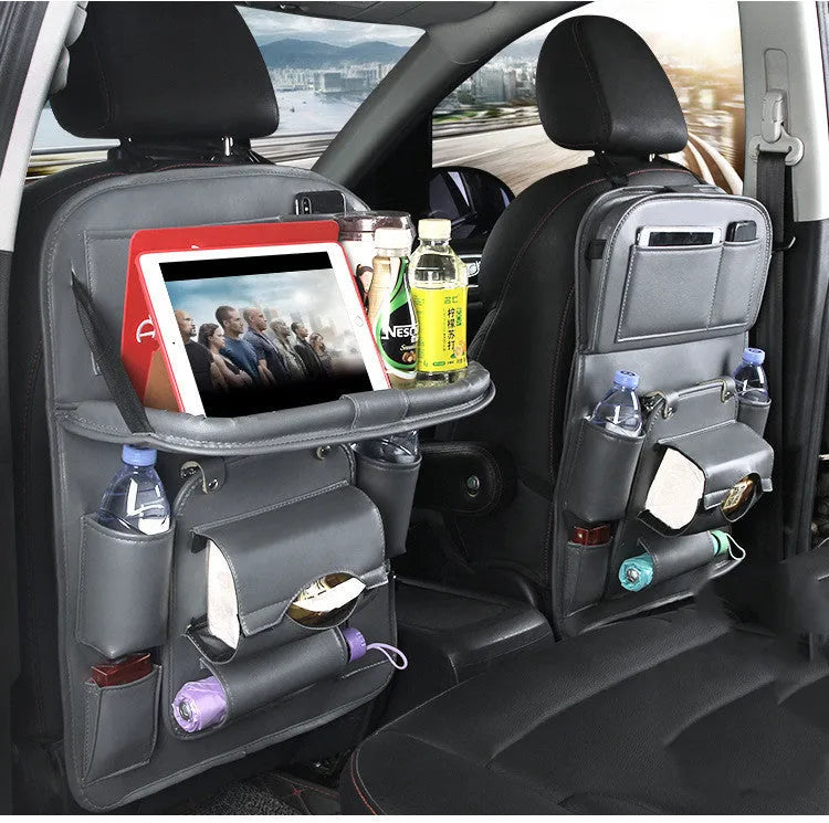 Multifunctional PU leather car storage bag hanging on seat back with multiple pockets and trash can function in beige color