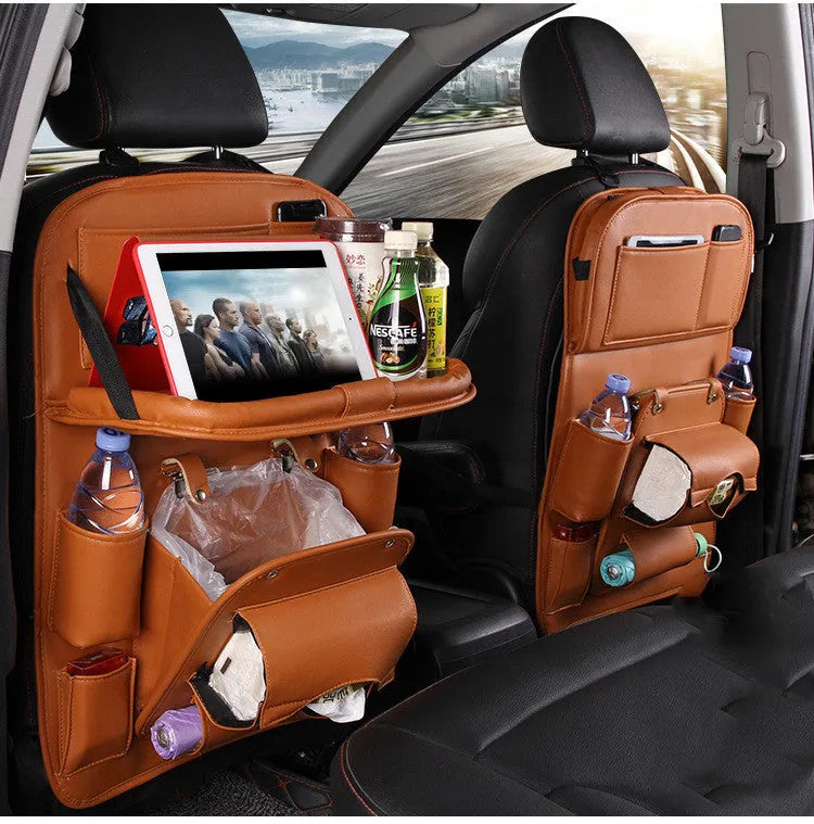 Multifunctional PU leather car storage bag hanging on seat back with multiple pockets and trash can function in beige color