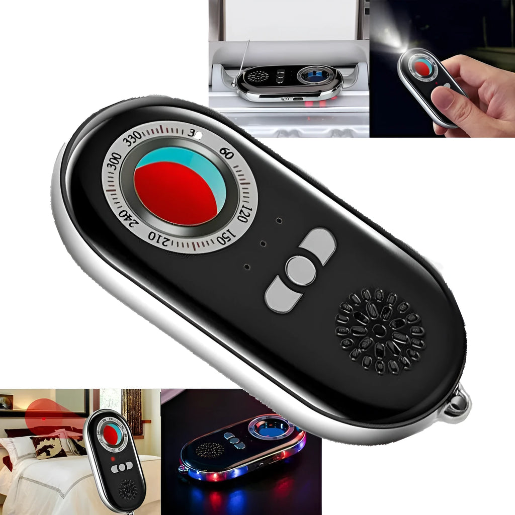 Compact black wireless signal detector with vibration alarm for anti-theft travel security.
