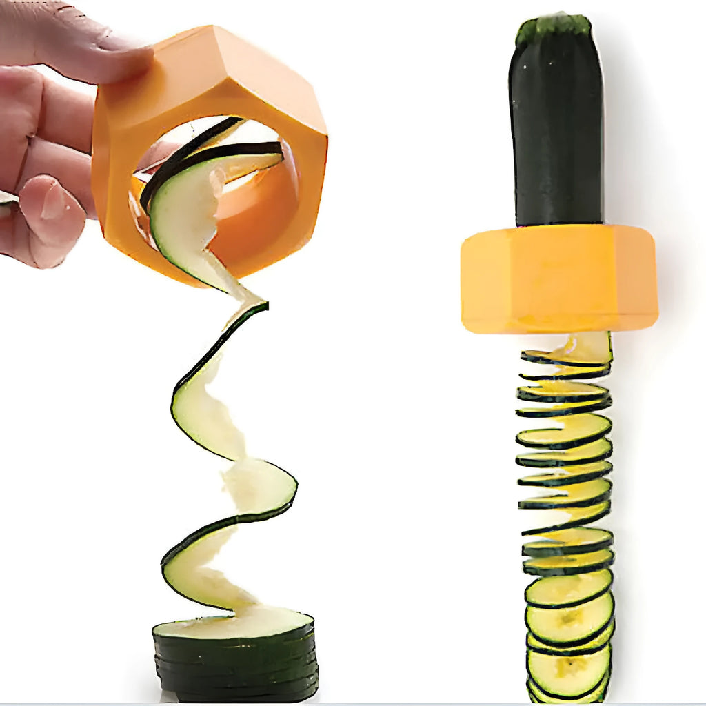 Yellow and green plastic spiral vegetable cutter for slicing cucumbers, showing 8cm diameter.