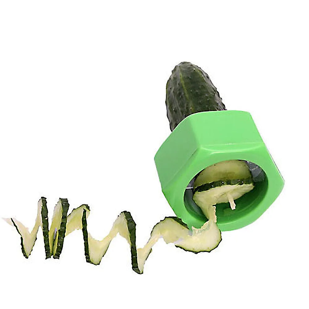 Yellow and green plastic spiral vegetable cutter for slicing cucumbers, showing 8cm diameter.