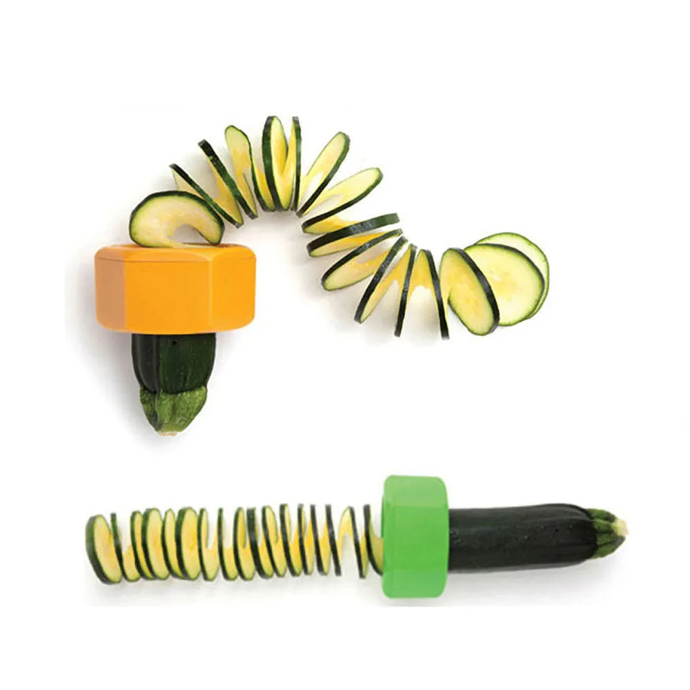 Yellow and green plastic spiral vegetable cutter for slicing cucumbers, showing 8cm diameter.