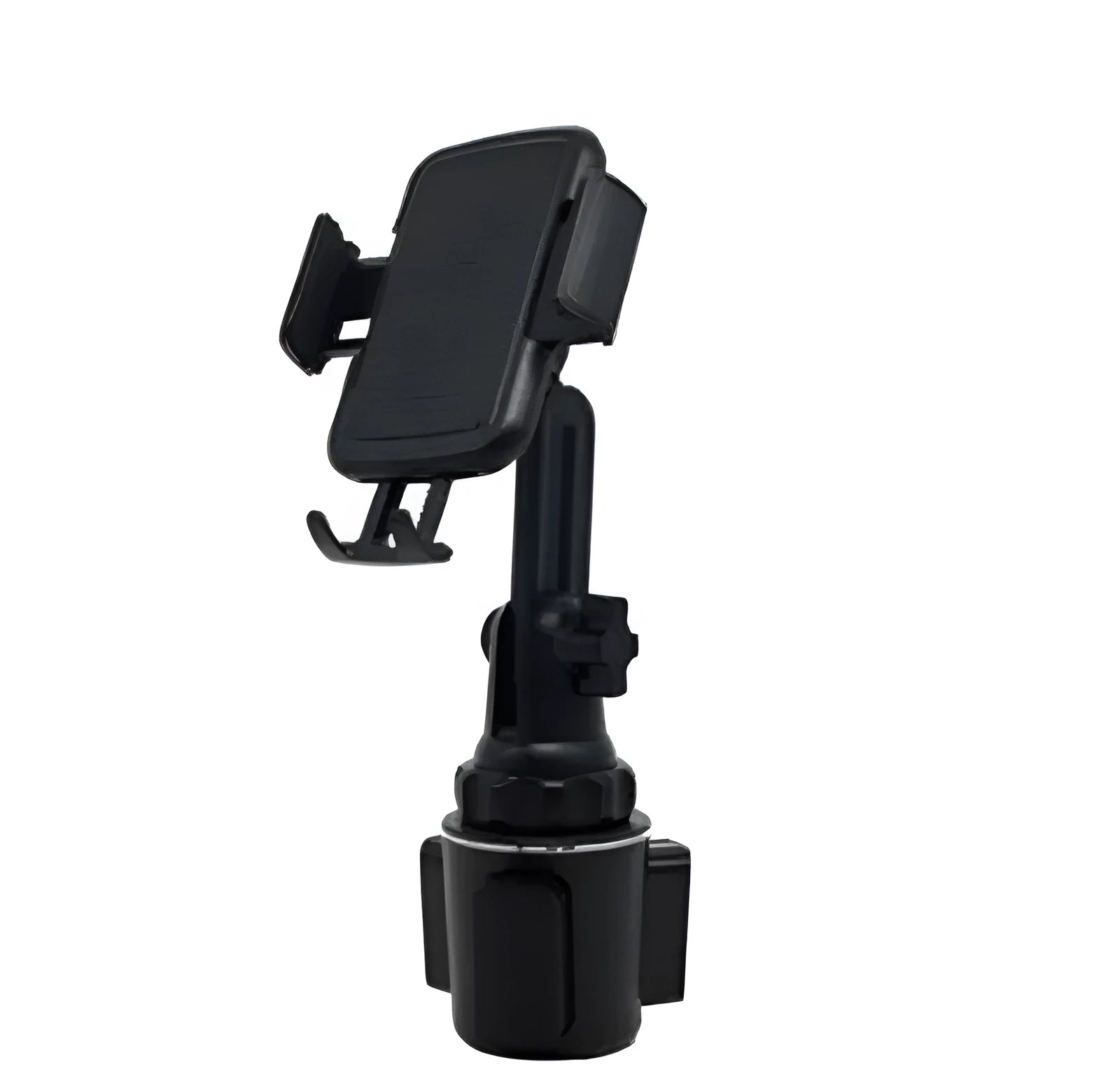 Black ABS car mobile phone holder with adjustable height and 360-degree rotating bracket on a car dashboard.